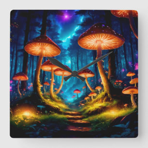 Horloge Carrée Forêt de champignons magique de minuit