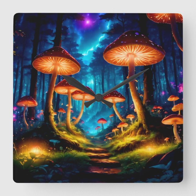 Horloge Carrée Forêt de champignons magique de minuit (Recto)