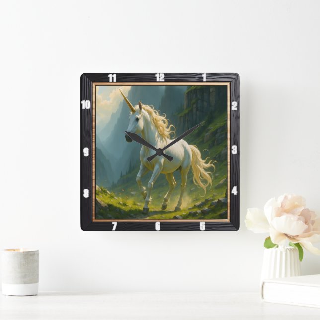 Horloge Carrée Forêt de licorne blanche (Maison)