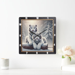 Horloge Carrée Forêt de tigre blanc neige