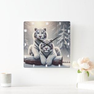 Horloge Carrée Forêt de tigre blanc neige
