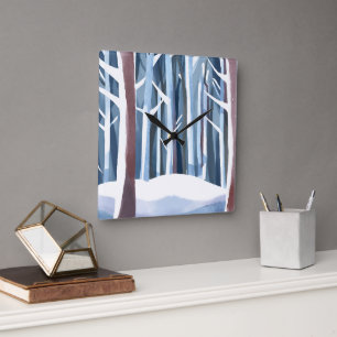 Horloge Carrée Forêt hivernale neige   Aquarelle simple moderne