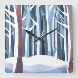 Horloge Carrée Forêt hivernale neige | Aquarelle simple moderne