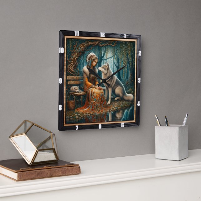 Horloge Carrée Forêt indienne autochtone : un moment de douceur (Bureau)