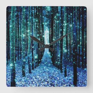 Horloge Carrée Forêt Magique Turquoise Bleu-vert