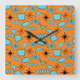 Horloge Carrée Formes atomiques MCM Turquoise sur orange