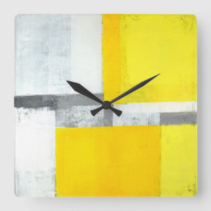 Horloge Carrée "Fort" art abstrait gris et jaune
