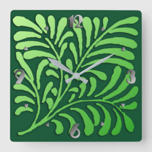 Horloge Carrée Fougère stylisée d'art déco, nuances de vert