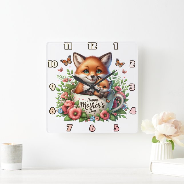 Horloge Carrée Fox Mom : Cub, Fleurs, Fête des mères (Maison)