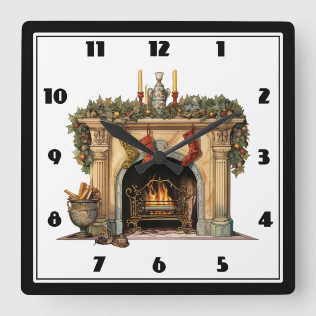 Horloge Carrée Foyer victorien cosy Noël (Recto)