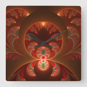 Horloge Carrée Fractale orange rouge moderne abstraite lumineuse