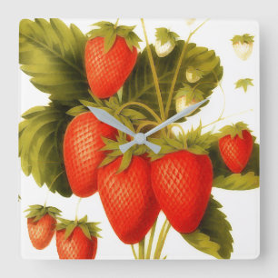 Horloge Carrée Fraises anciennes avec feuilles vertes