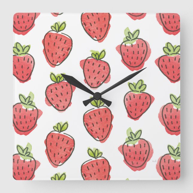 Horloge Carrée Fraises d'aquarelle (Recto)