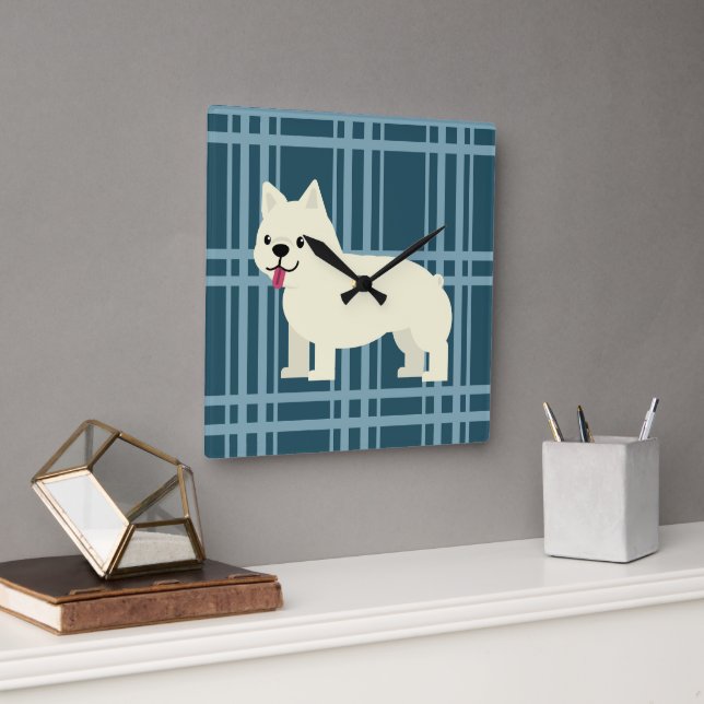 Horloge Carrée Frenchie Plaid Blue (Bureau)
