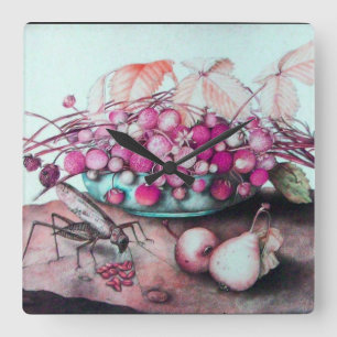 HORLOGE CARRÉE FRUITS DE SAISON, PAIRES DE STRAWBERRIES ET CICADA