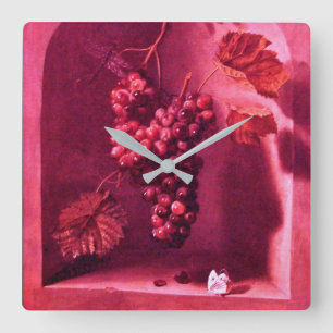 Horloge Carrée FRUITS DE SAISON RAISINS ACCROCHÉS Antique Rouge R