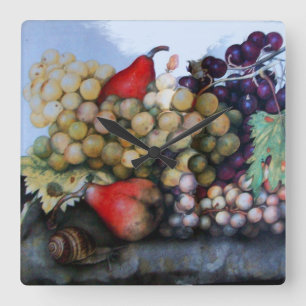 HORLOGE CARRÉE FRUITS DE SAISON / RAISINS, POIRES ET ESCARGOT