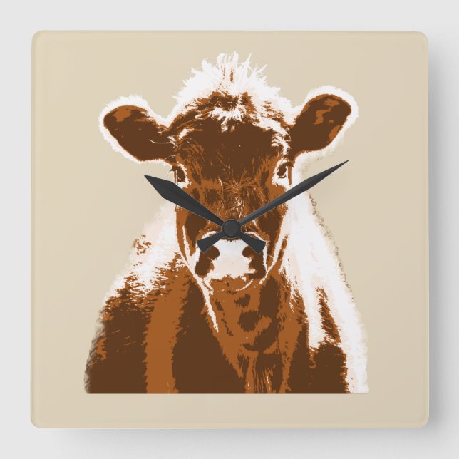 Horloge Carrée Fun Brown Vache ferme animal (Recto)
