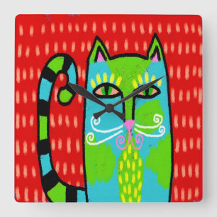 Horloge Carrée Funky Abstrait Art Cat