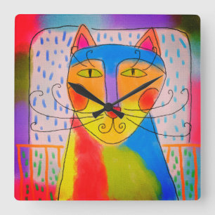 Horloge Carrée Funky Abstrait Cat Art
