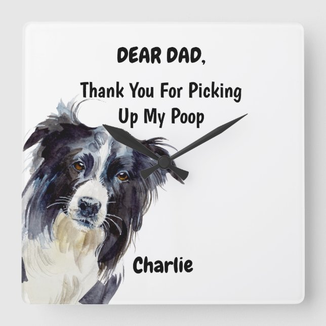 Horloge Carrée Funky Bordure Collie Papa Aquarelle Canine Art (Recto)