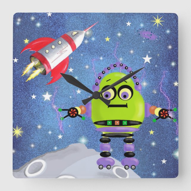 Horloge Carrée Funny Green Robot Wall Clock (Recto)