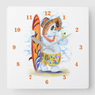 Horloge Carrée Funny Summer Snowman Surfer