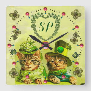 HORLOGE CARRÉE FUNNY VIEILLE MODE ST.PATRICK'S CHATS, MONOGRAMME