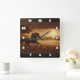 Horloge Carrée Galerie de chevaux Majestic dans Golden Sunrise Fi