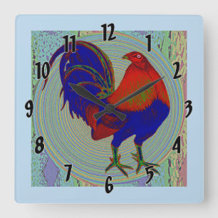 Horloge Carrée Gamecock : Coq impressionniste