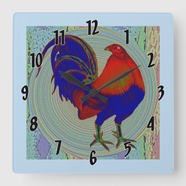Horloge Carrée Gamecock : Coq impressionniste (Recto)