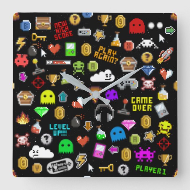 Horloge Carrée Gamer Retro Pixel Vidéo Icônes de jeu (Recto)