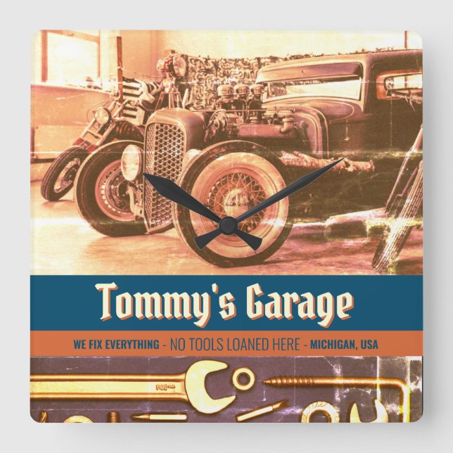 Horloge Carrée Garage mécanique de moto sur mesure (Recto)