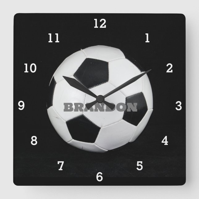 Horloge Carrée Garçons balle de football noir élégant Nom personn (Recto)