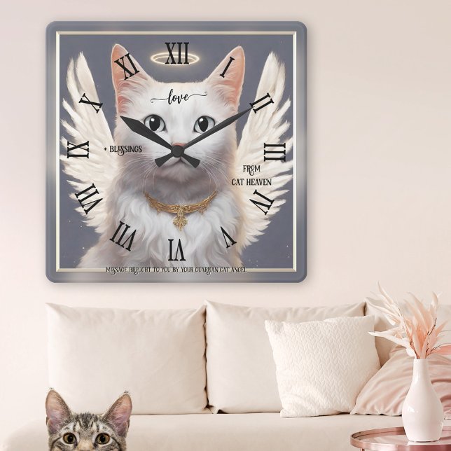 Horloge Carrée Gardien Chat Angel Art (Wall clock featuring a painting of a white guardian cat angel)