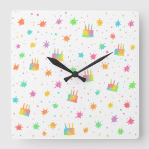 Horloge Carrée Gâteau d'anniversaire à l'aquarelle arc-en-ciel pe