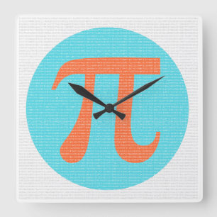 Horloge Carrée geek mathématique, symbole Pi, orange et bleu