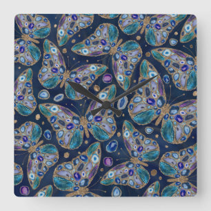 Horloge Carrée Géodes géométriques bleu et violet Motif géom