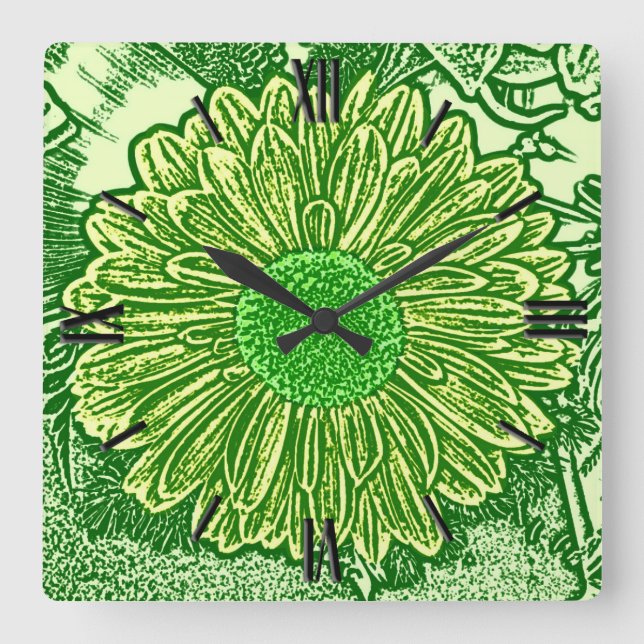 Horloge Carrée Gerbera Daisy Block Imprimer - vert citron (Recto)