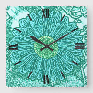 Horloge Carrée Gerbera Daisy Block Print - nuances d'aqua