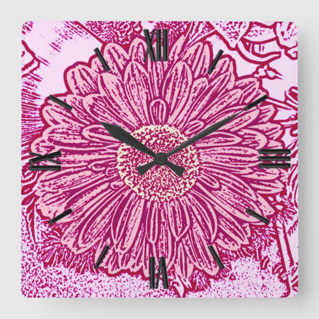 Horloge Carrée Gerbera Daisy Block Print - nuances roses (Recto)
