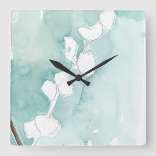 Horloge Carrée Ginkgo sur Dusty Turquoise - Blanc