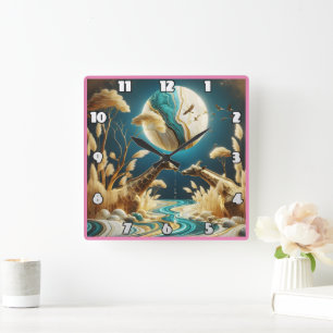 Horloge Carrée Girafe au bord d'une rivière lune