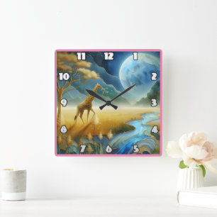 Horloge Carrée Girafe broutant sous une lune vive