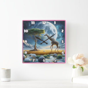 Horloge Carrée Girafe errant gracieusement sous une lune radieuse