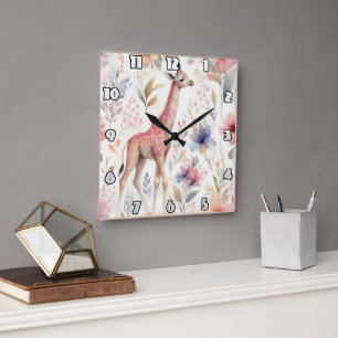 Horloge Carrée Girafe parmi les fleurs africaines vives