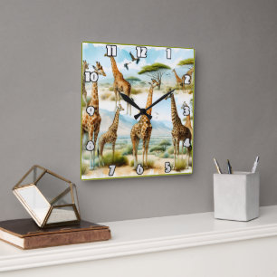 Horloge Carrée Girafes majestueuses broutant sous le soleil afric