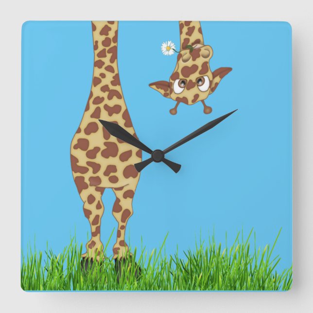 Horloge Carrée Giraffe avec marguerite sur bleu (Recto)