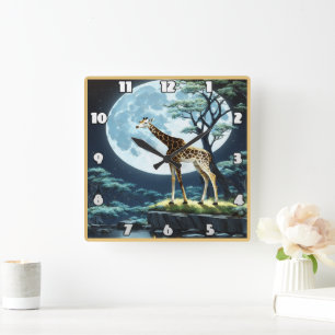 Horloge Carrée Giraffe en Pleine lune par Eau Tranquille