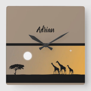 Horloge Carrée Giraffes Boho au coucher du soleil avec Pleine lun
